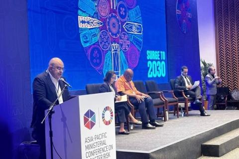 Climate Change Commission Deputy Executive Director Romell Antonio O. Cuenca delivers a speech on behalf of Secretary Robert EA Borje during the "Scaling Up Climate Action Against Loss and Damage" event at the Asia-Pacific Ministerial Conference on Disaster Risk Reduction in Manila on October 14.